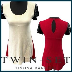 Twin-Set Off White/Red/Black Sequin Short Sleeve A-Line Fine Knit Mini Dress (S)
